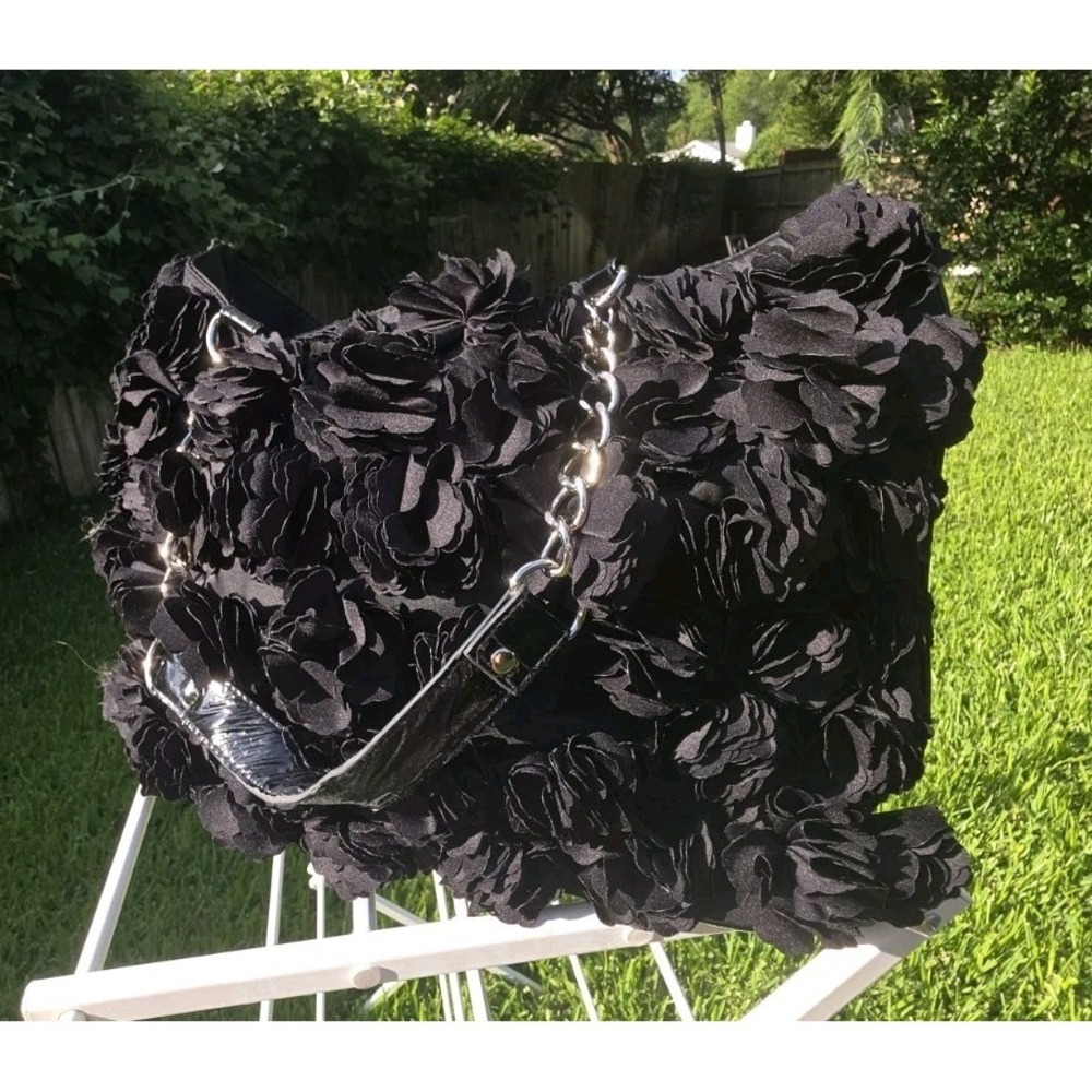 White House Black Market Flower Bag with Silver Chain Accents Purse Handbag